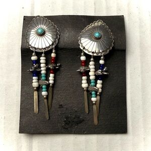 Vintage Sterling Silver Round Concho Dangle Bead Tassel Earrings Native American